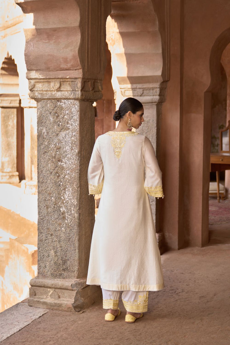 SAHABAT - DAISY IVORY WITH LEMON YELLOW KAAFTAN WITH SALWAR silk chanderi kurta/kurta set by SHEETAL BATRA in daisy ivory with lemon yellow for women Worldwide