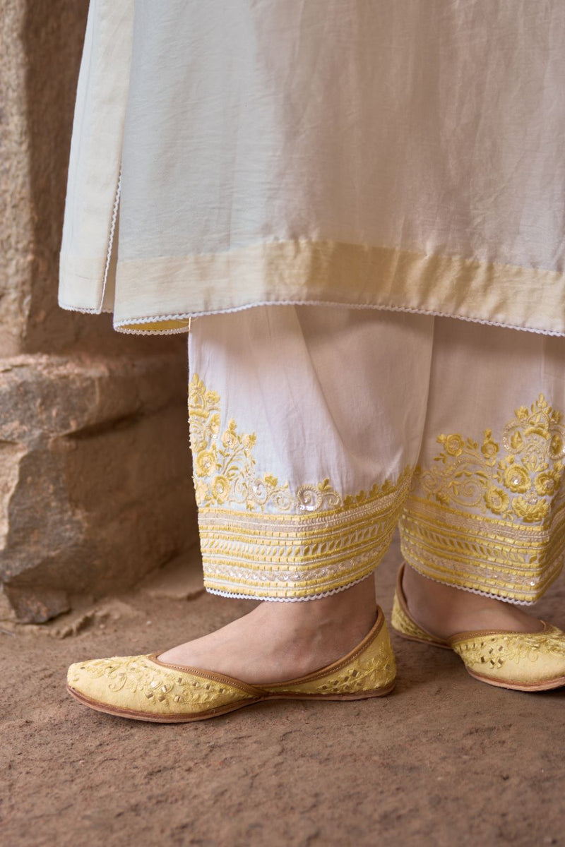 SAHABAT - DAISY IVORY WITH LEMON YELLOW KAAFTAN WITH SALWAR silk chanderi kurta/kurta set by SHEETAL BATRA in daisy ivory with lemon yellow for women Worldwide
