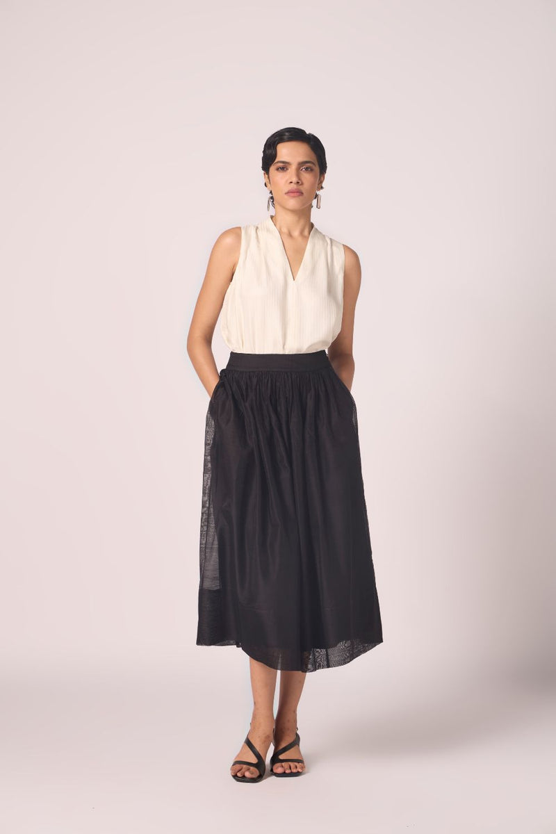 Sahir Black Handwoven Skirt chanderi by The Summer House in black color for women Worldwide
