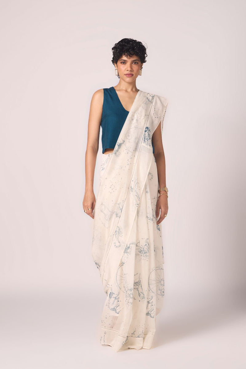 Saiph Zodiac Print Handwoven Saree chanderi by The Summer House in white color for women Worldwide