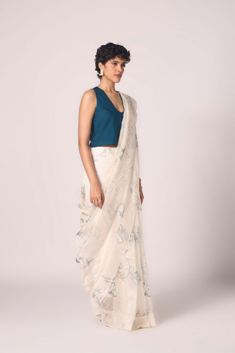Saiph Zodiac Print Handwoven Saree chanderi by The Summer House in white color for women Worldwide