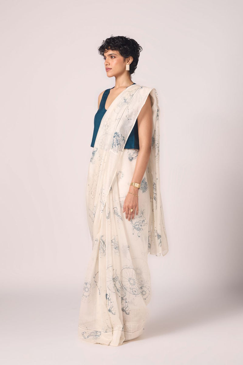 Saiph Zodiac Print Handwoven Saree chanderi by The Summer House in white color for women Worldwide