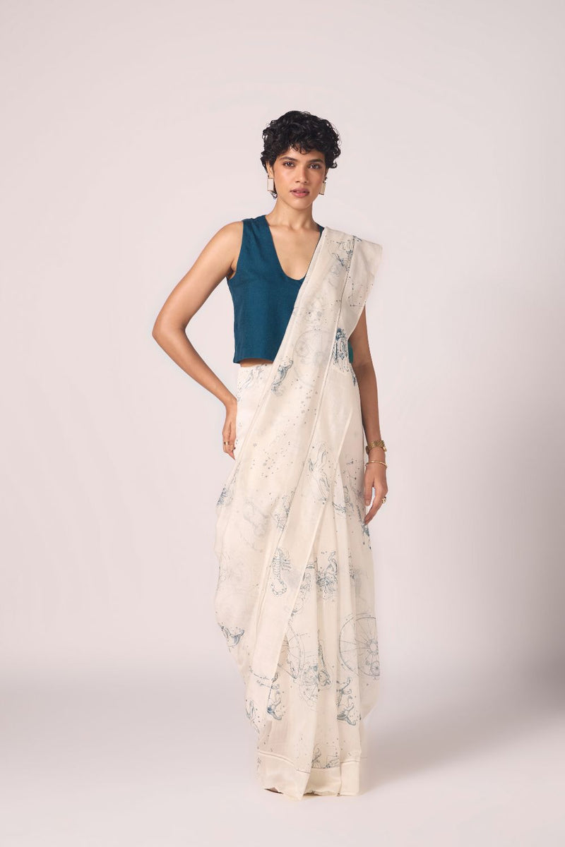Saiph Zodiac Print Handwoven Saree chanderi by The Summer House in white color for women Worldwide
