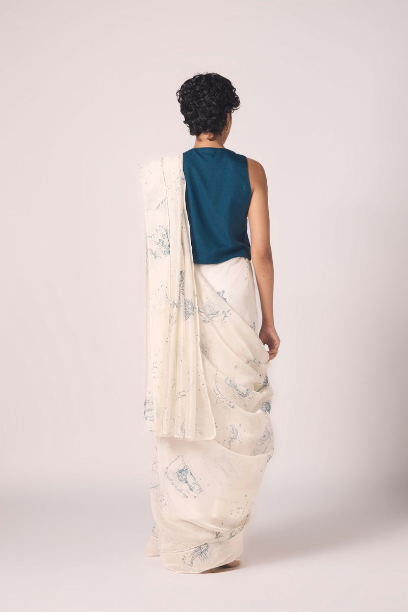 Saiph Zodiac Print Handwoven Saree chanderi by The Summer House in white color for women Worldwide
