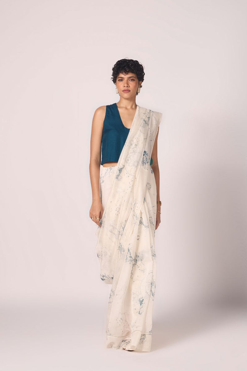 Saiph Zodiac Print Handwoven Saree chanderi by The Summer House in white color for women Worldwide