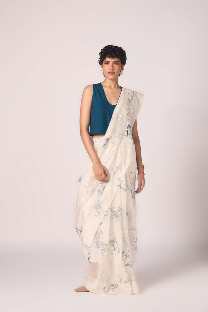 Saiph Zodiac Print Handwoven Saree chanderi by The Summer House in white color for women Worldwide