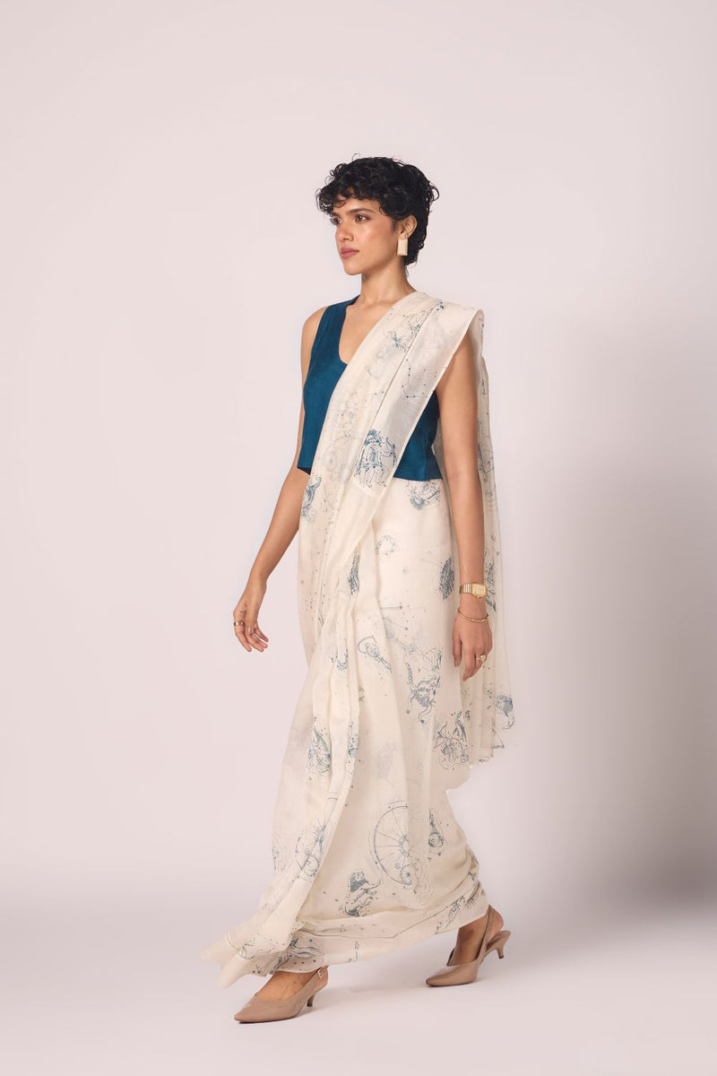 Saiph Zodiac Print Handwoven Saree chanderi by The Summer House in white color for women Worldwide