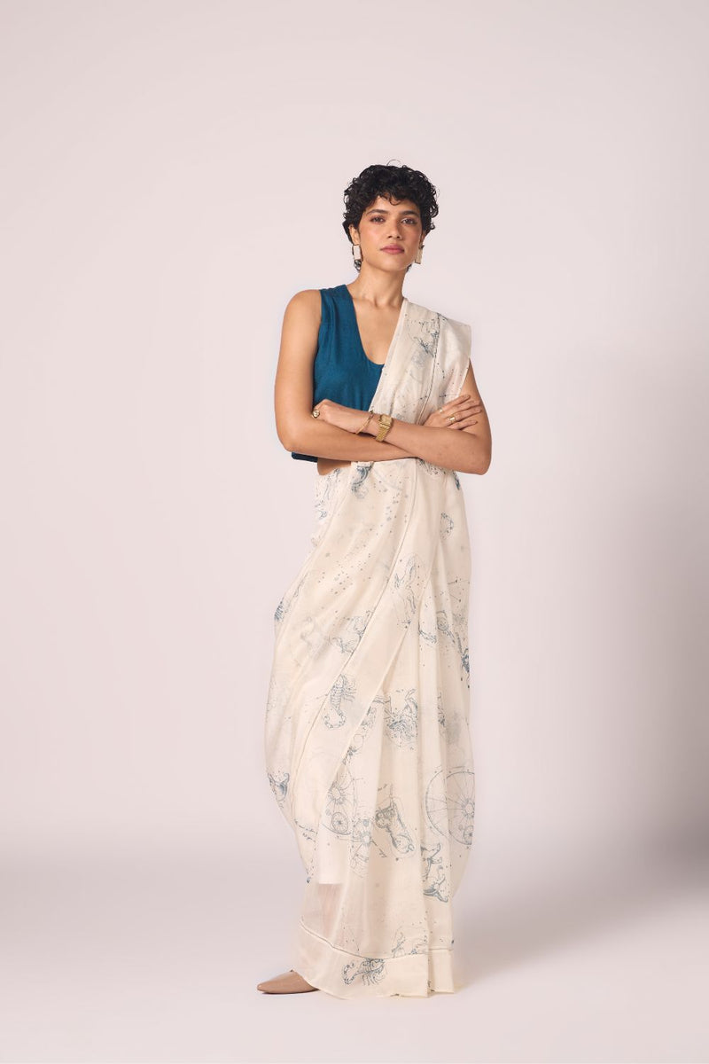 Saiph Zodiac Print Handwoven Saree chanderi by The Summer House in white color for women Worldwide