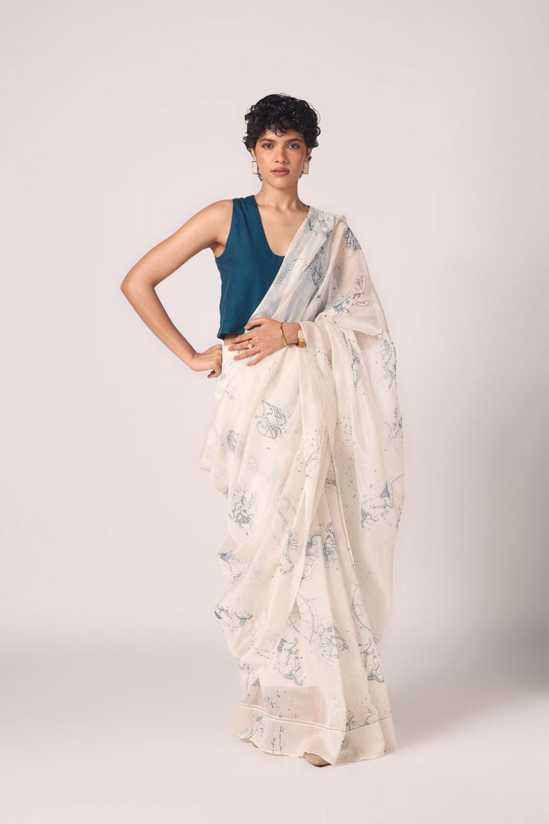 Saiph Zodiac Print Handwoven Saree chanderi by The Summer House in white color for women Worldwide