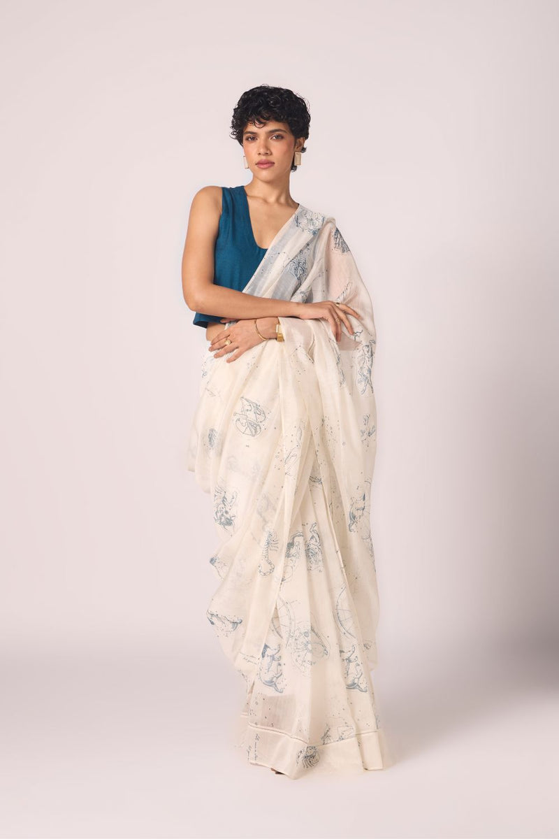 Saiph Zodiac Print Handwoven Saree chanderi by The Summer House in white color for women Worldwide