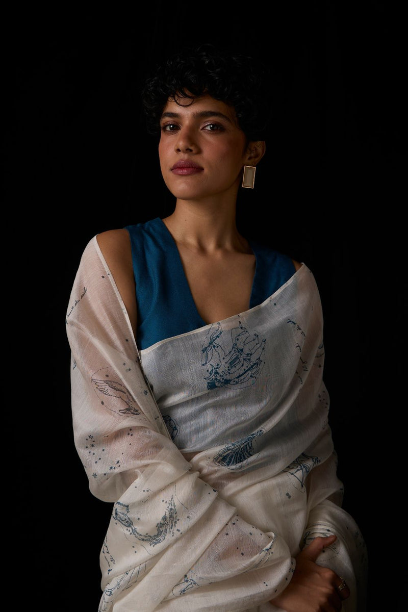 Saiph Zodiac Print Handwoven Saree chanderi by The Summer House in white color for women Worldwide