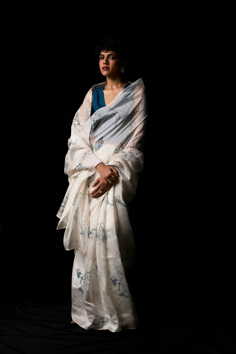 Saiph Zodiac Print Handwoven Saree chanderi by The Summer House in white color for women Worldwide