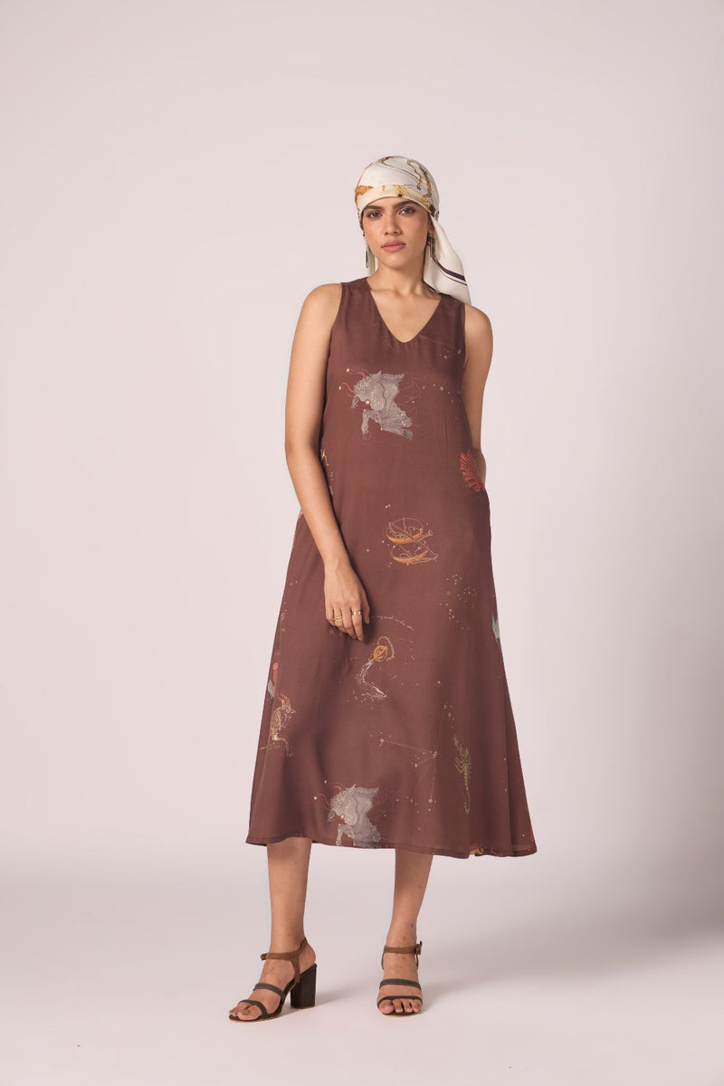 Saira Brown Zodiac Print Maxi Dress by The Summer House in brown color for women Worldwide