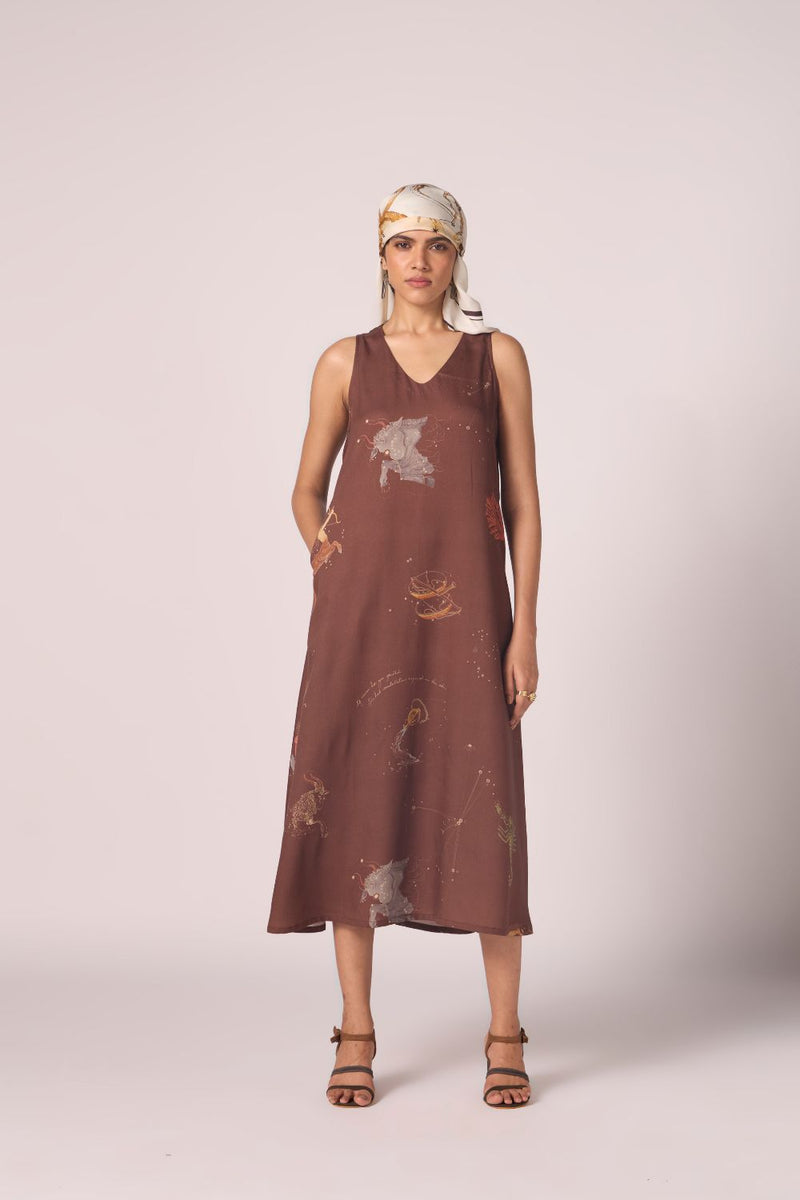 Saira Brown Zodiac Print Maxi Dress by The Summer House in brown color for women Worldwide