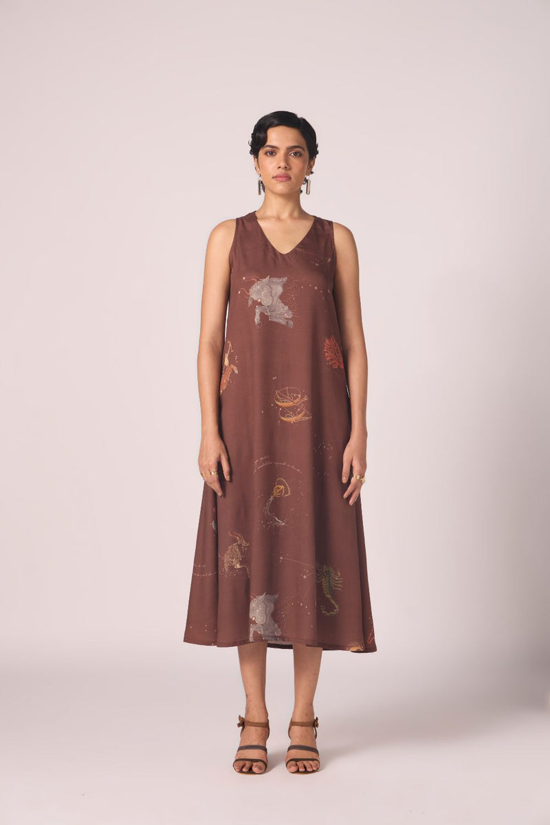 Saira Brown Zodiac Print Maxi Dress by The Summer House in brown color for women Worldwide