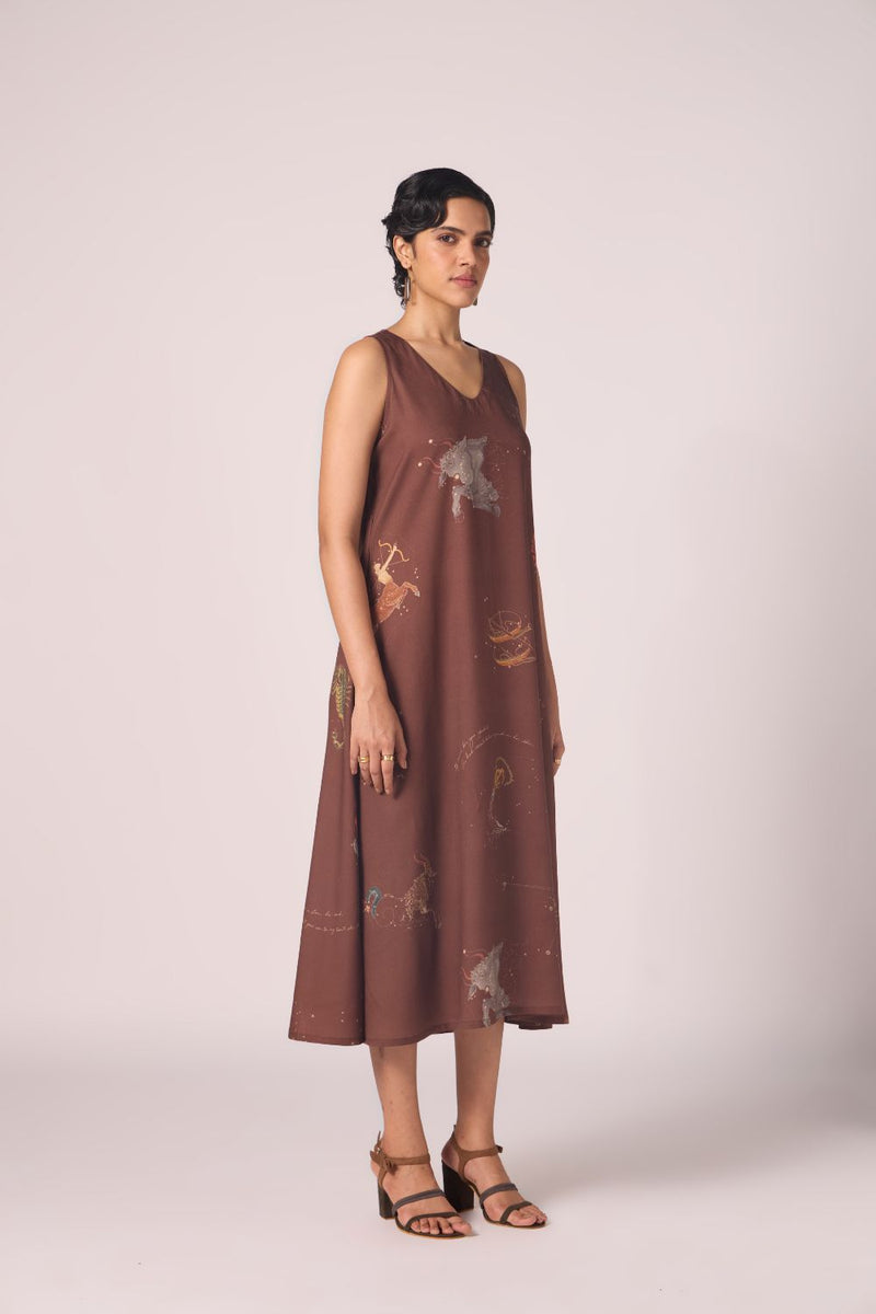 Saira Brown Zodiac Print Maxi Dress by The Summer House in brown color for women Worldwide