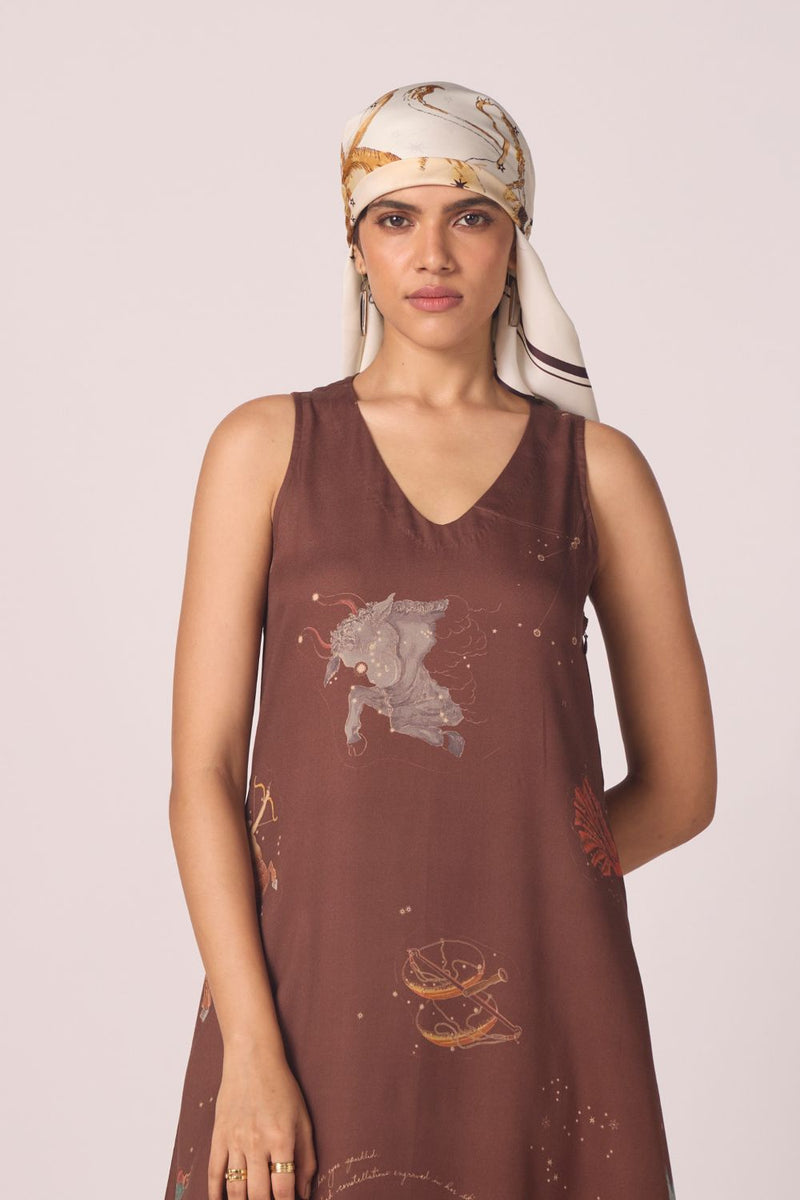 Saira Brown Zodiac Print Maxi Dress by The Summer House in brown color for women Worldwide