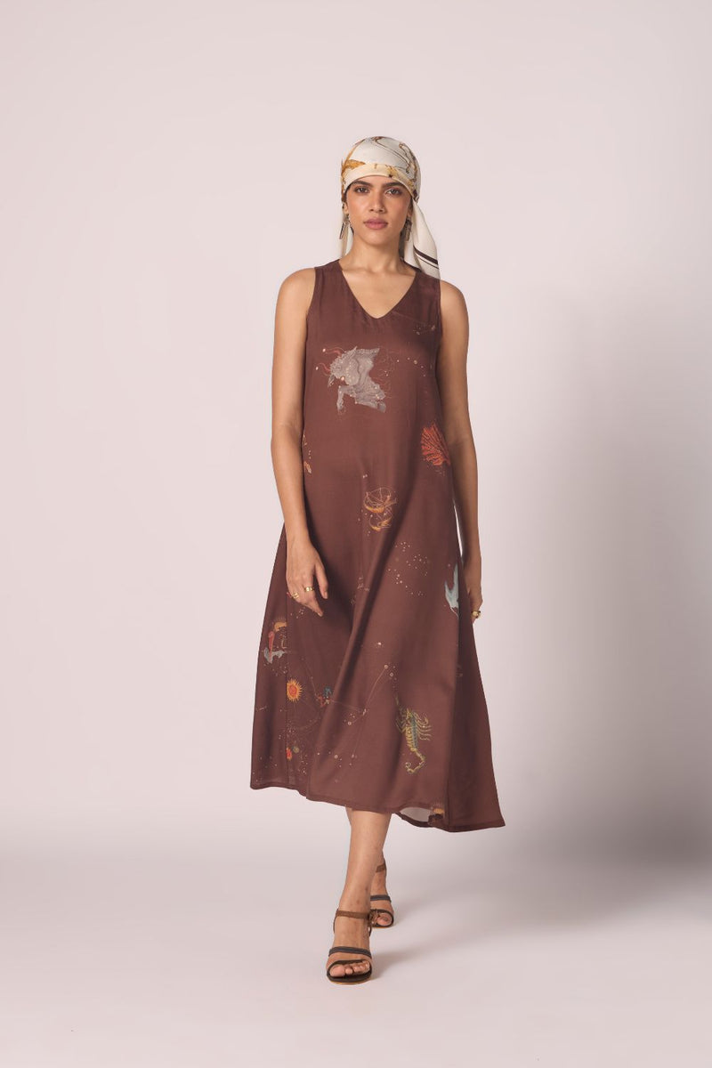 Saira Brown Zodiac Print Maxi Dress by The Summer House in brown color for women Worldwide