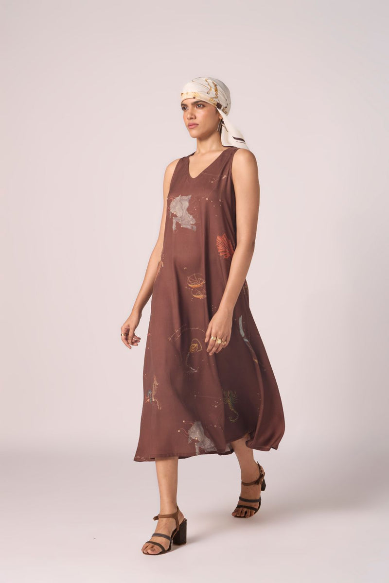 Saira Brown Zodiac Print Maxi Dress by The Summer House in brown color for women Worldwide