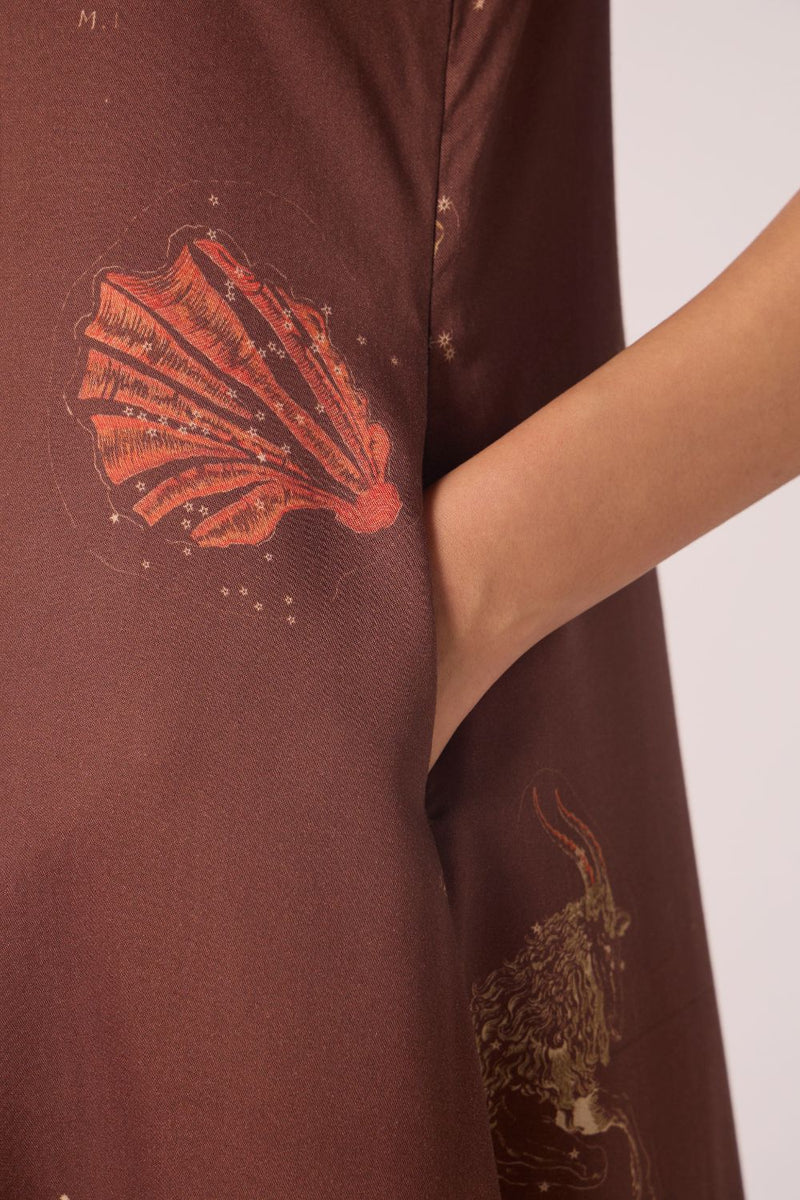 Saira Brown Zodiac Print Maxi Dress by The Summer House in brown color for women Worldwide
