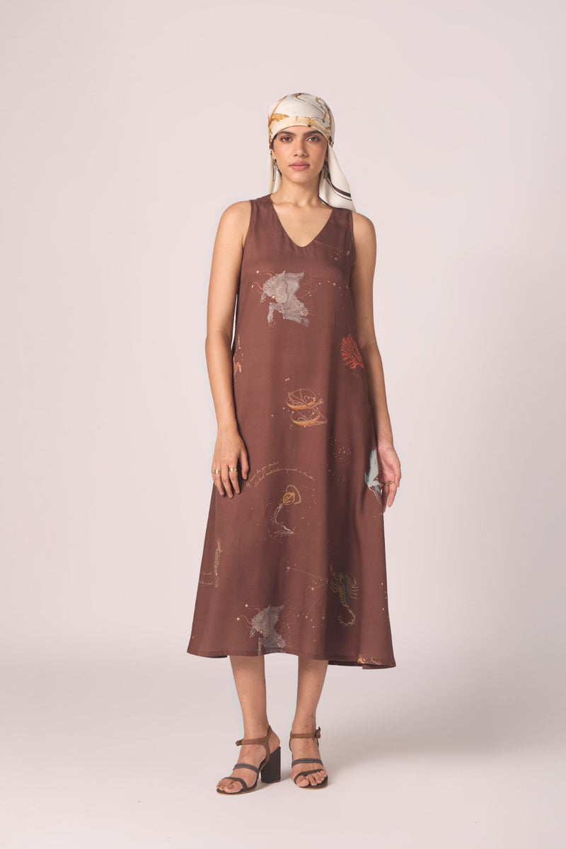 Saira Brown Zodiac Print Maxi Dress by The Summer House in brown color for women Worldwide