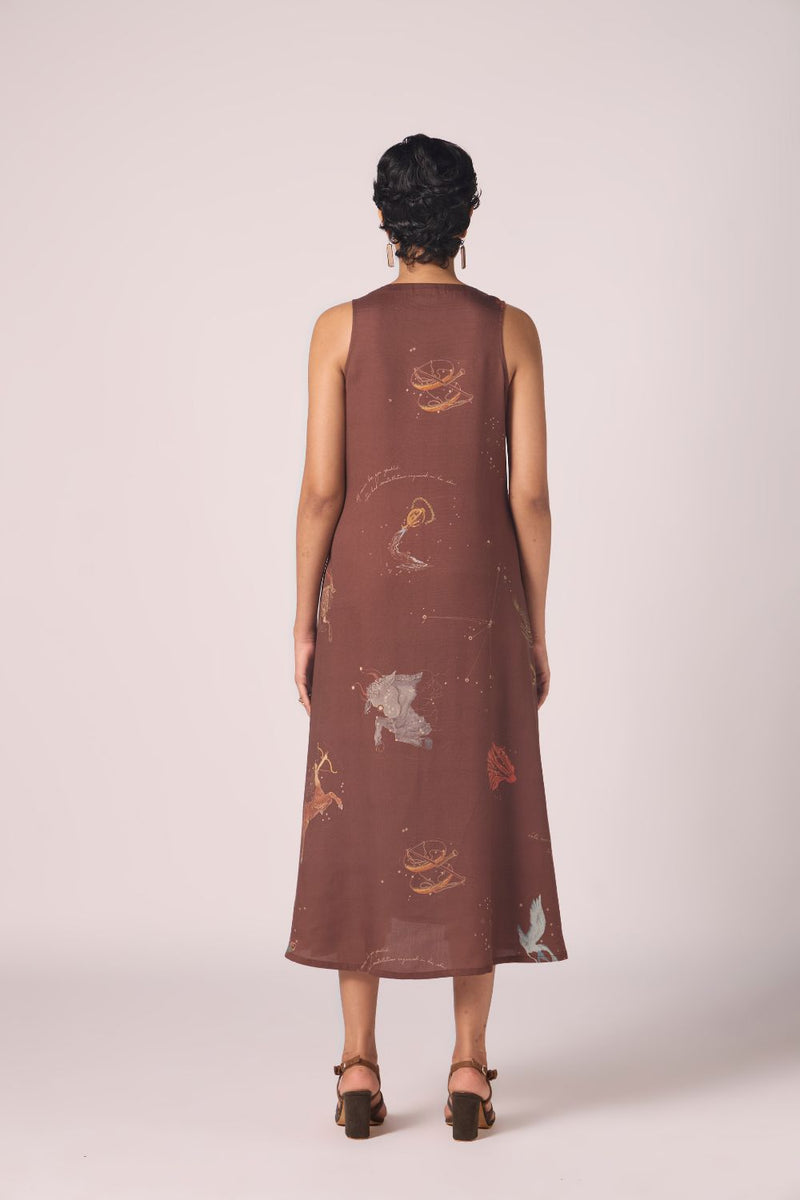 Saira Brown Zodiac Print Maxi Dress by The Summer House in brown color for women Worldwide