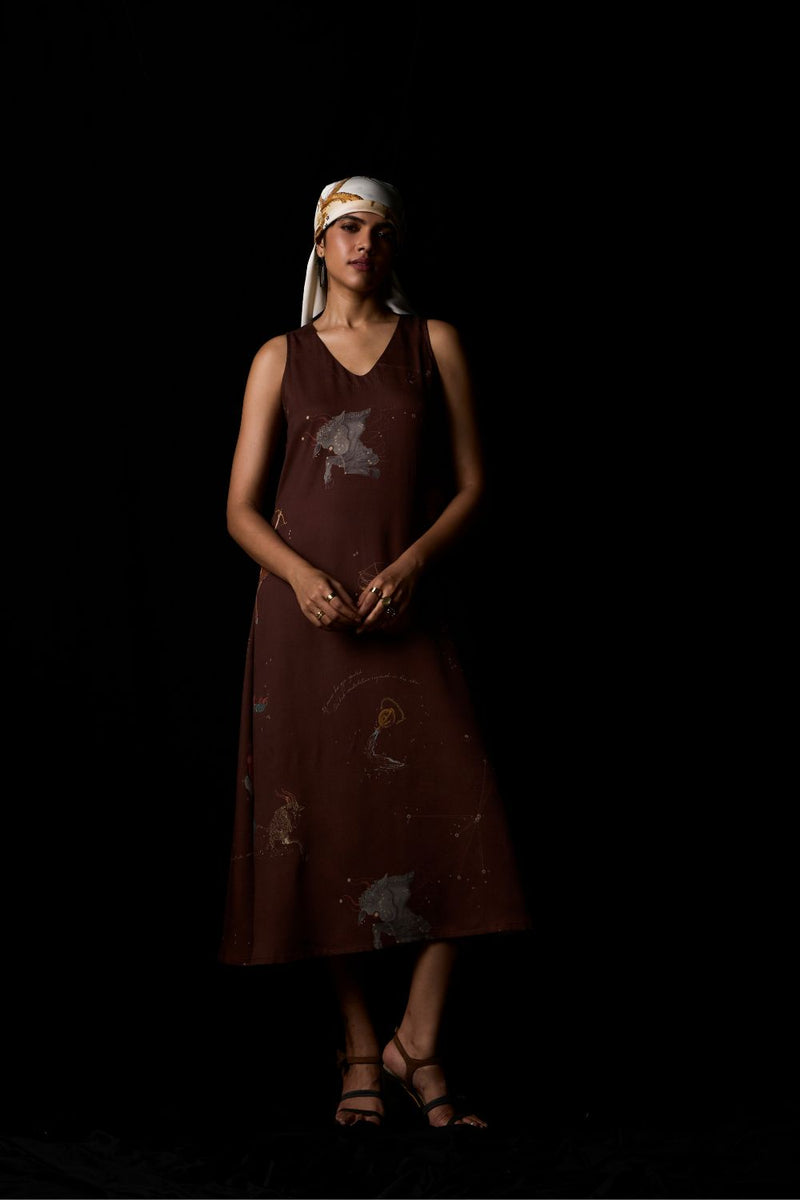 Saira Brown Zodiac Print Maxi Dress by The Summer House in brown color for women Worldwide