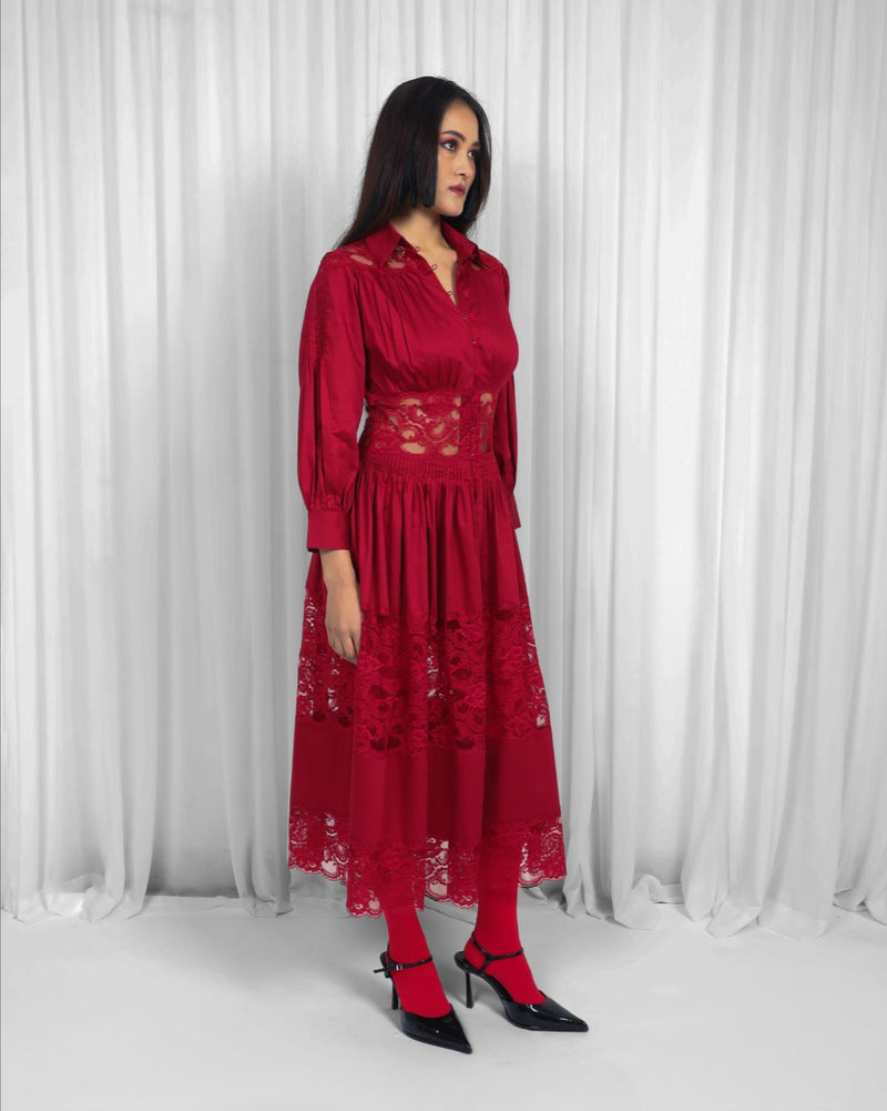 Salem Dress-Red 100% cotton by Leh Studios in red color for women Worldwide