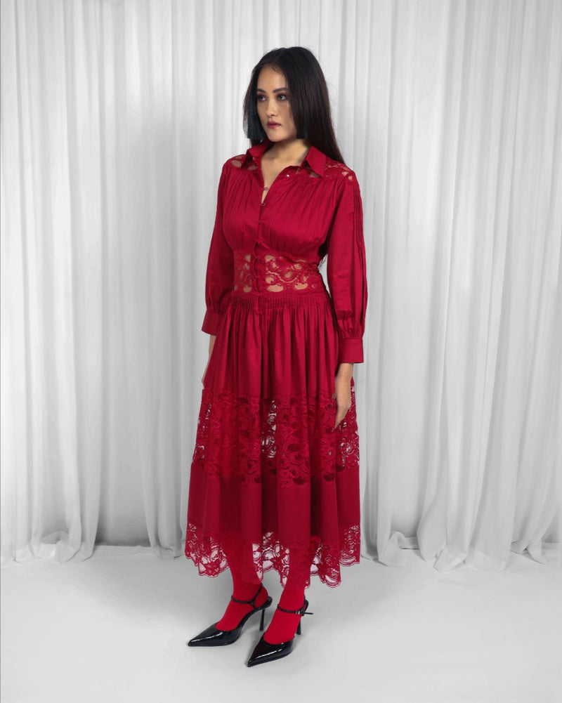 Salem Dress-Red 100% cotton by Leh Studios in red color for women Worldwide
