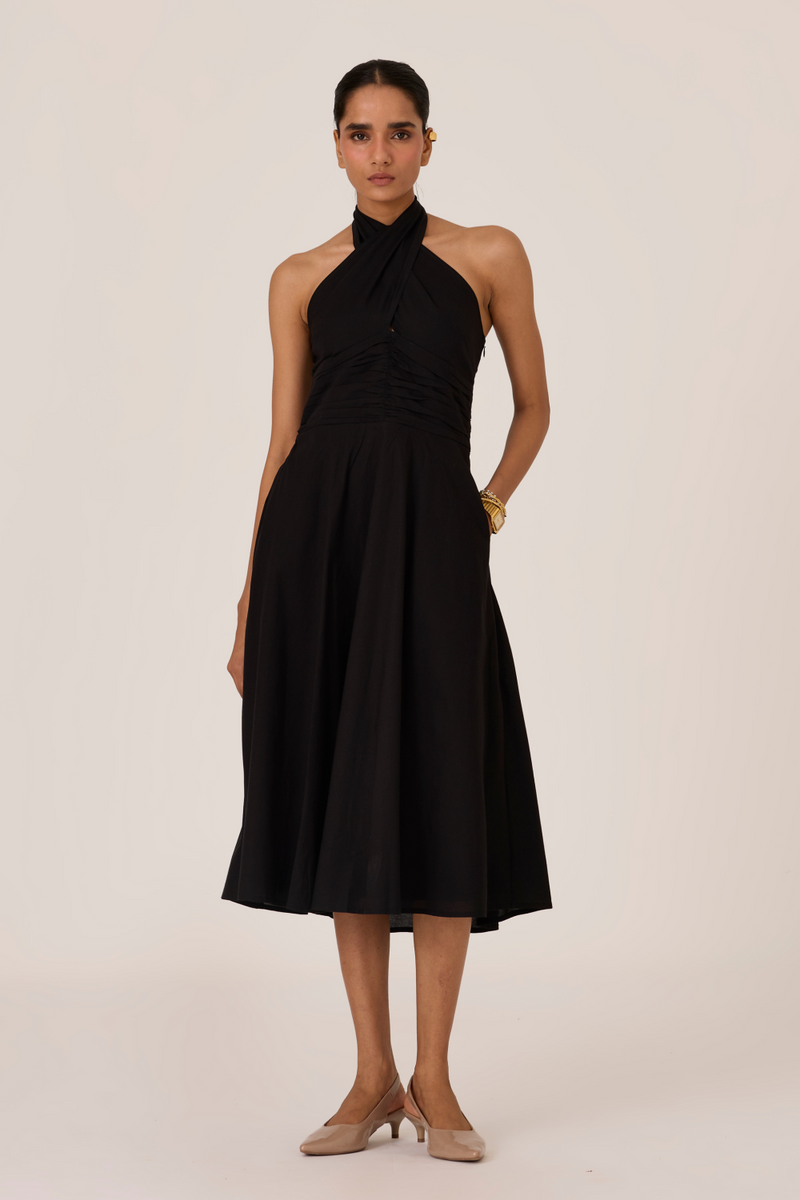 Samaria Black Halter Dress chanderi by The Summer House in black color for women Worldwide