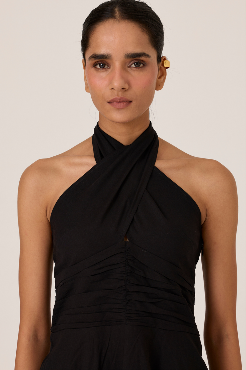 Samaria Black Halter Dress chanderi by The Summer House in black color for women Worldwide