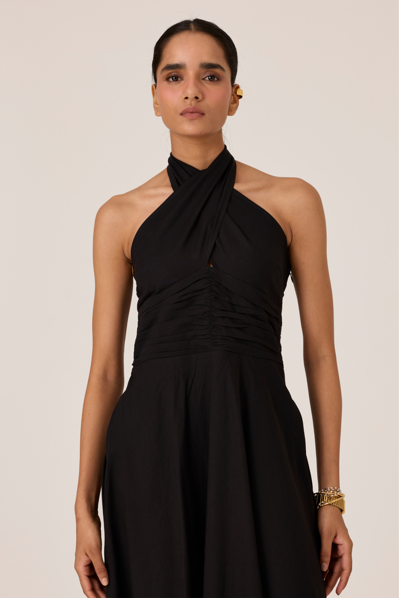 Samaria Black Halter Dress chanderi by The Summer House in black color for women Worldwide