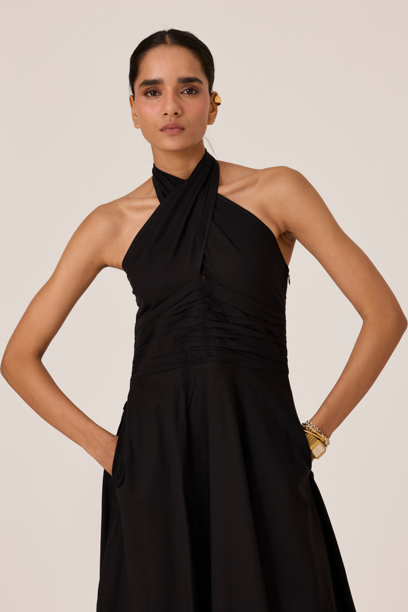 Samaria Black Halter Dress chanderi by The Summer House in black color for women Worldwide
