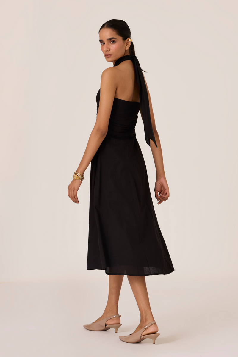 Samaria Black Halter Dress chanderi by The Summer House in black color for women Worldwide