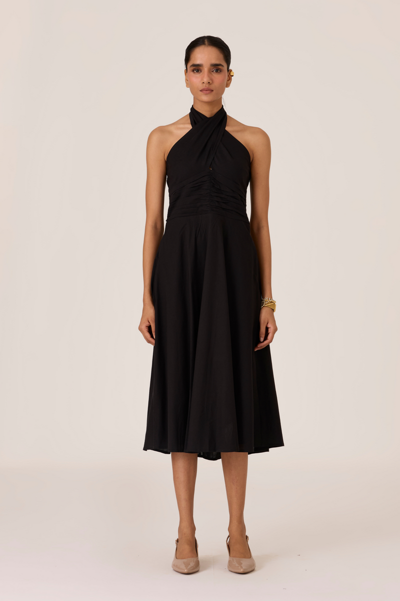 Samaria Black Halter Dress chanderi by The Summer House in black color for women Worldwide