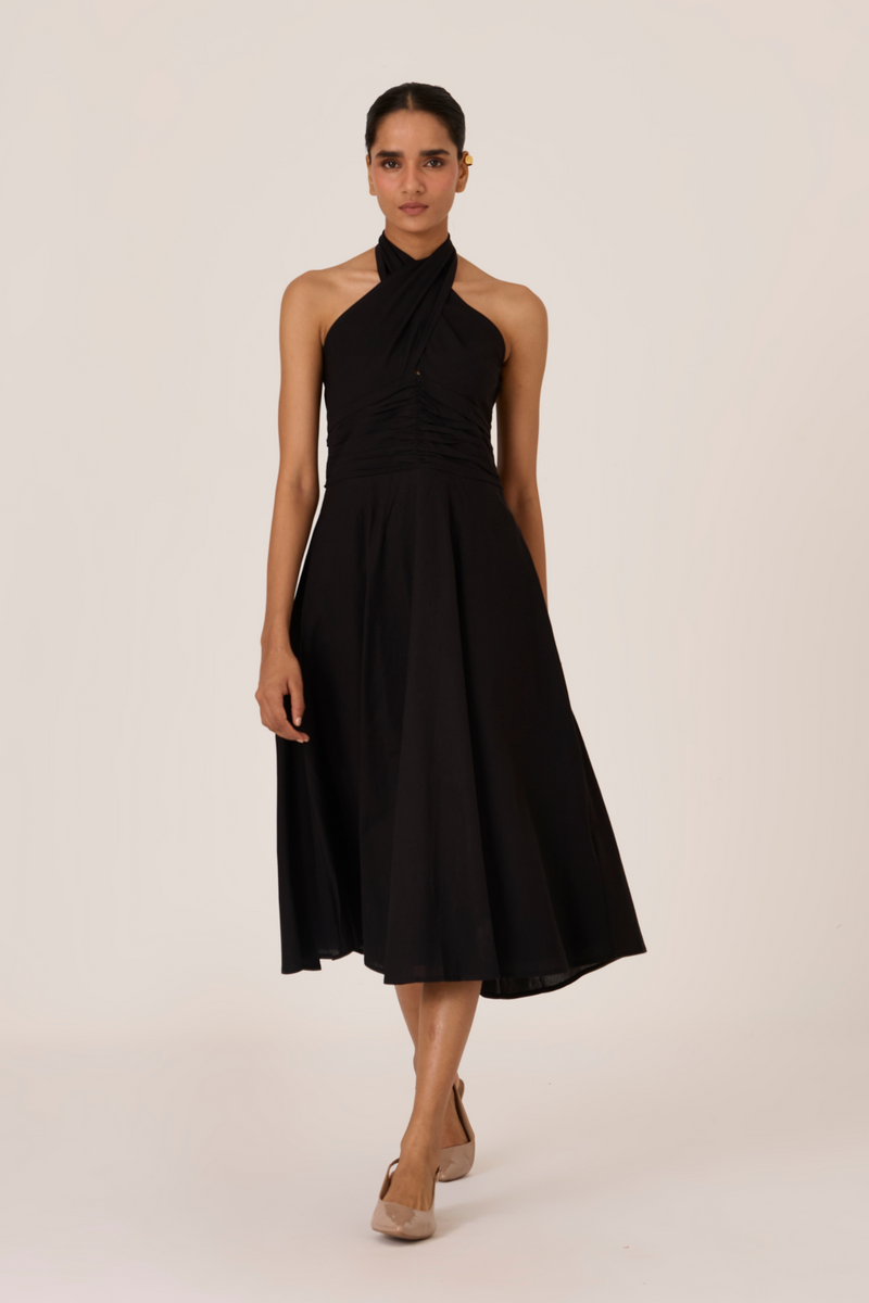 Samaria Black Halter Dress chanderi by The Summer House in black color for women Worldwide