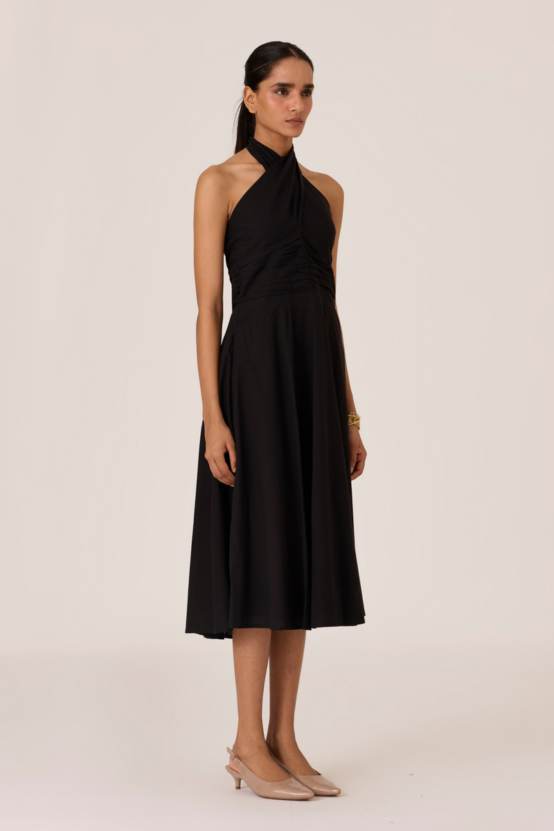 Samaria Black Halter Dress chanderi by The Summer House in black color for women Worldwide