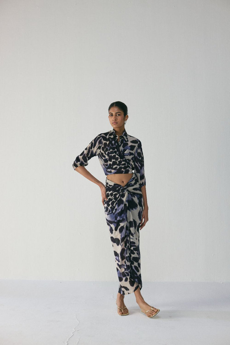 SAMBURU TIE UP TOP AND SKIRT SET by Yam in blue color for women Worldwide