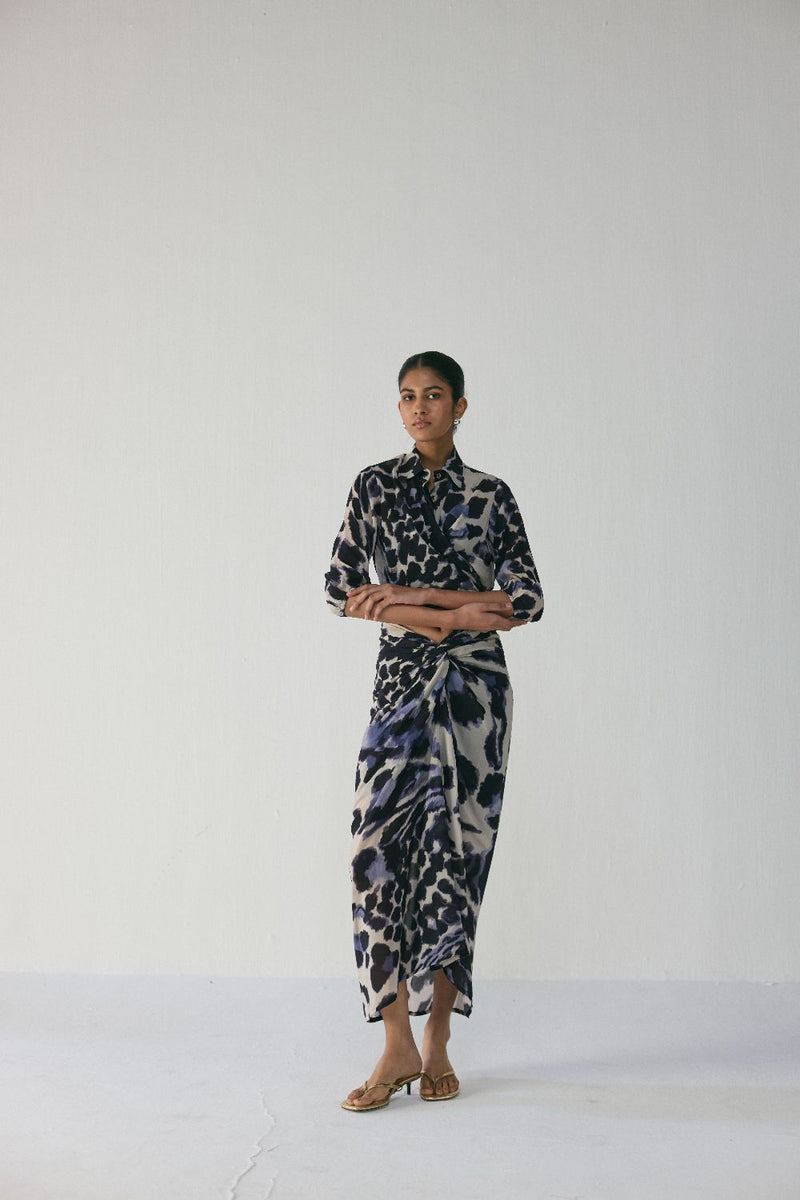 SAMBURU TIE UP TOP AND SKIRT SET by Yam in blue color for women Worldwide