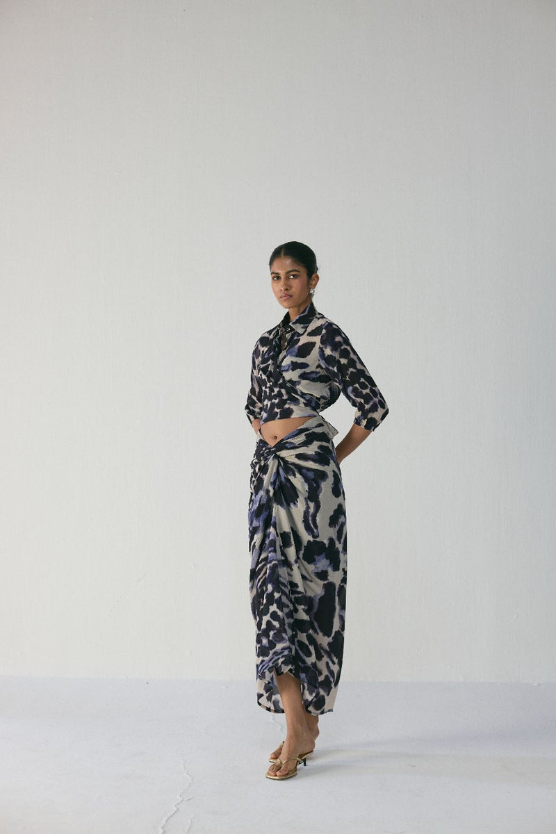 SAMBURU TIE UP TOP AND SKIRT SET by Yam in blue color for women Worldwide