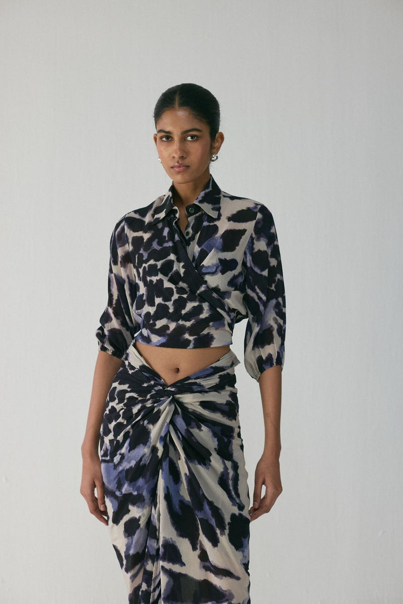 SAMBURU TIE UP TOP AND SKIRT SET by Yam in blue color for women Worldwide