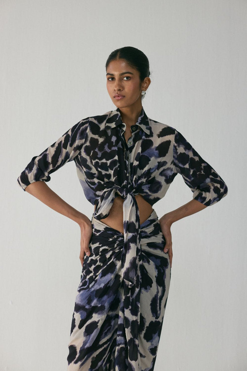 SAMBURU TIE UP TOP AND SKIRT SET by Yam in blue color for women Worldwide
