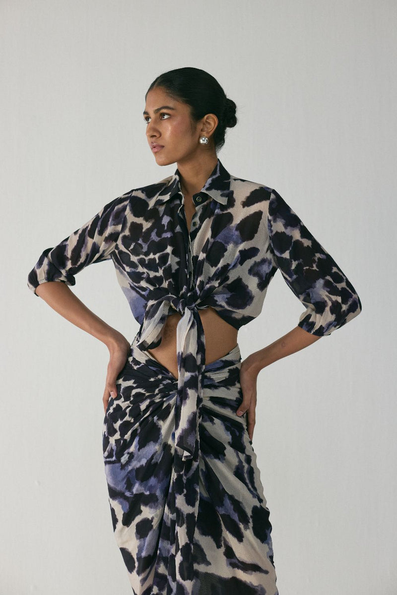 SAMBURU TIE UP TOP AND SKIRT SET by Yam in blue color for women Worldwide