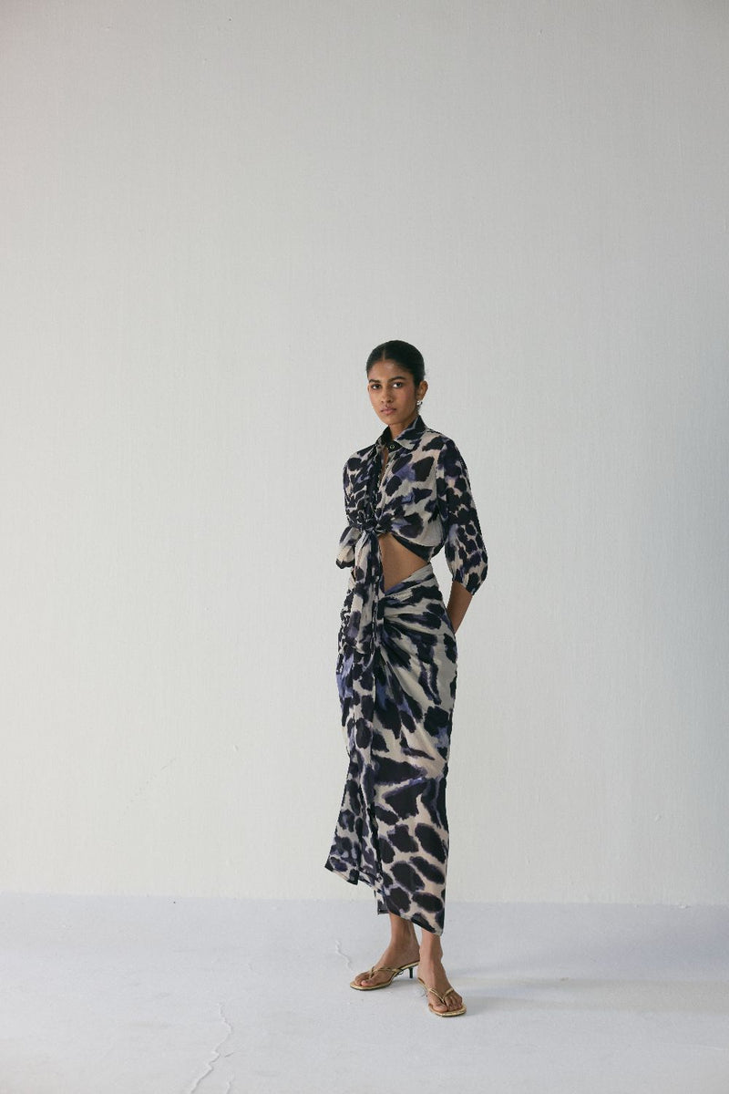 SAMBURU TIE UP TOP AND SKIRT SET by Yam in blue color for women Worldwide
