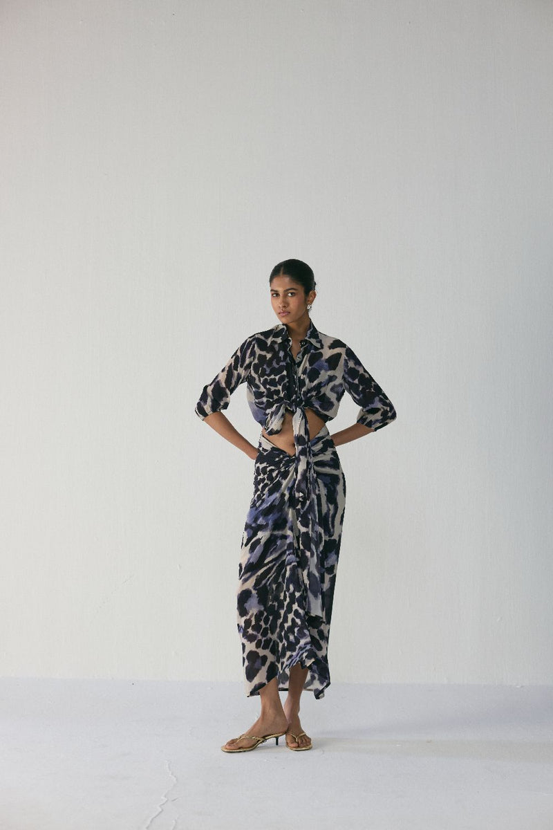 SAMBURU TIE UP TOP AND SKIRT SET by Yam in blue color for women Worldwide