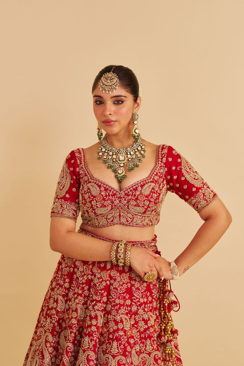 Sanaa - Dabka Zardozi Embroidered Raw Silk Red Bridal Lehenga Set silk by SHEETAL BATRA in red color for women Worldwide