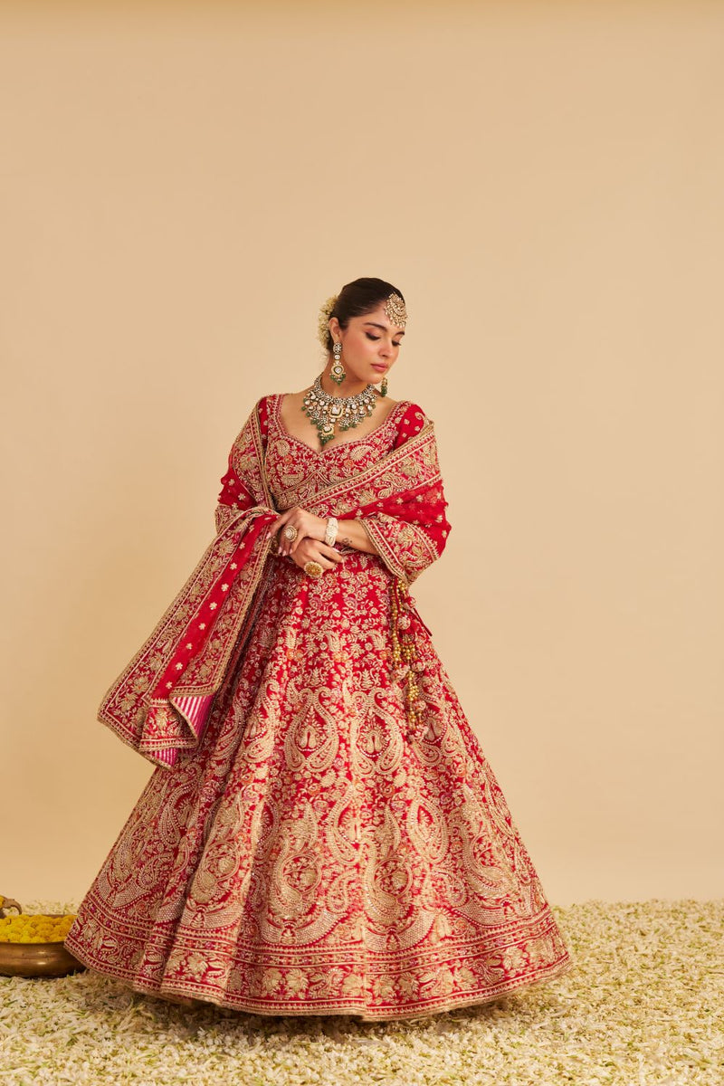 Sanaa - Dabka Zardozi Embroidered Raw Silk Red Bridal Lehenga Set silk by SHEETAL BATRA in red color for women Worldwide