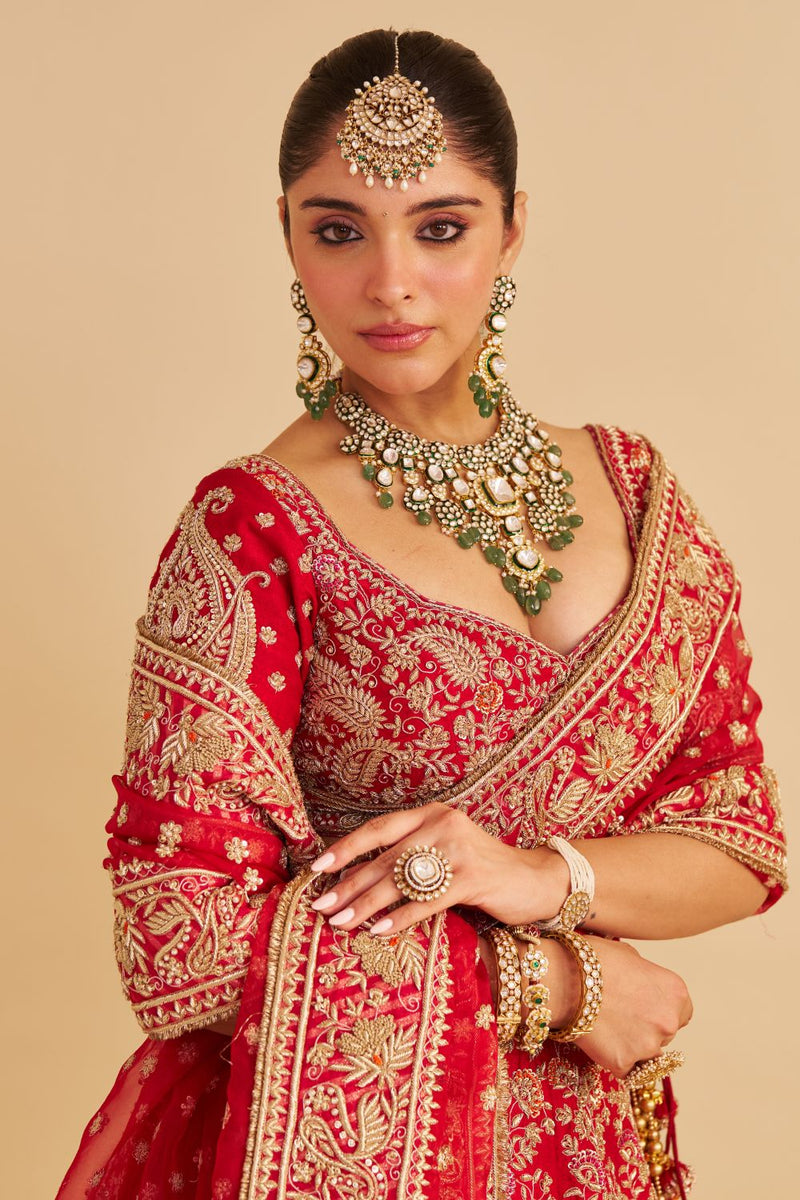 Sanaa - Dabka Zardozi Embroidered Raw Silk Red Bridal Lehenga Set silk by SHEETAL BATRA in red color for women Worldwide