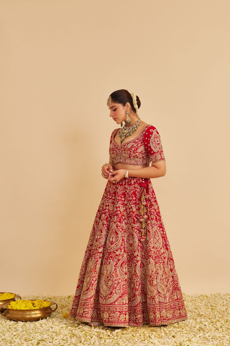 Sanaa - Dabka Zardozi Embroidered Raw Silk Red Bridal Lehenga Set silk by SHEETAL BATRA in red color for women Worldwide