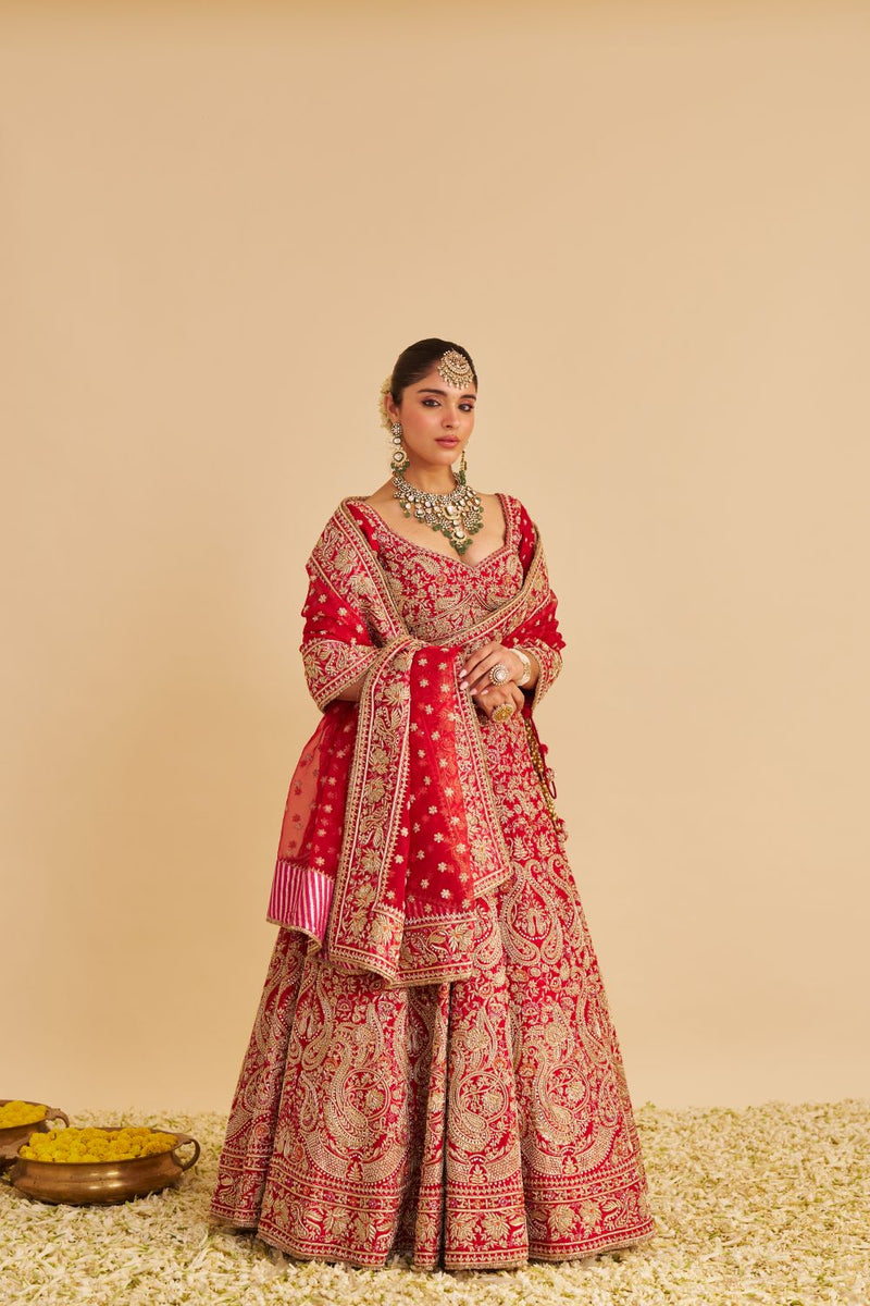 Sanaa - Dabka Zardozi Embroidered Raw Silk Red Bridal Lehenga Set silk by SHEETAL BATRA in red color for women Worldwide
